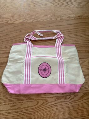 Victoria's Secret Cream and Pink Canvas Tote with Striped Handles